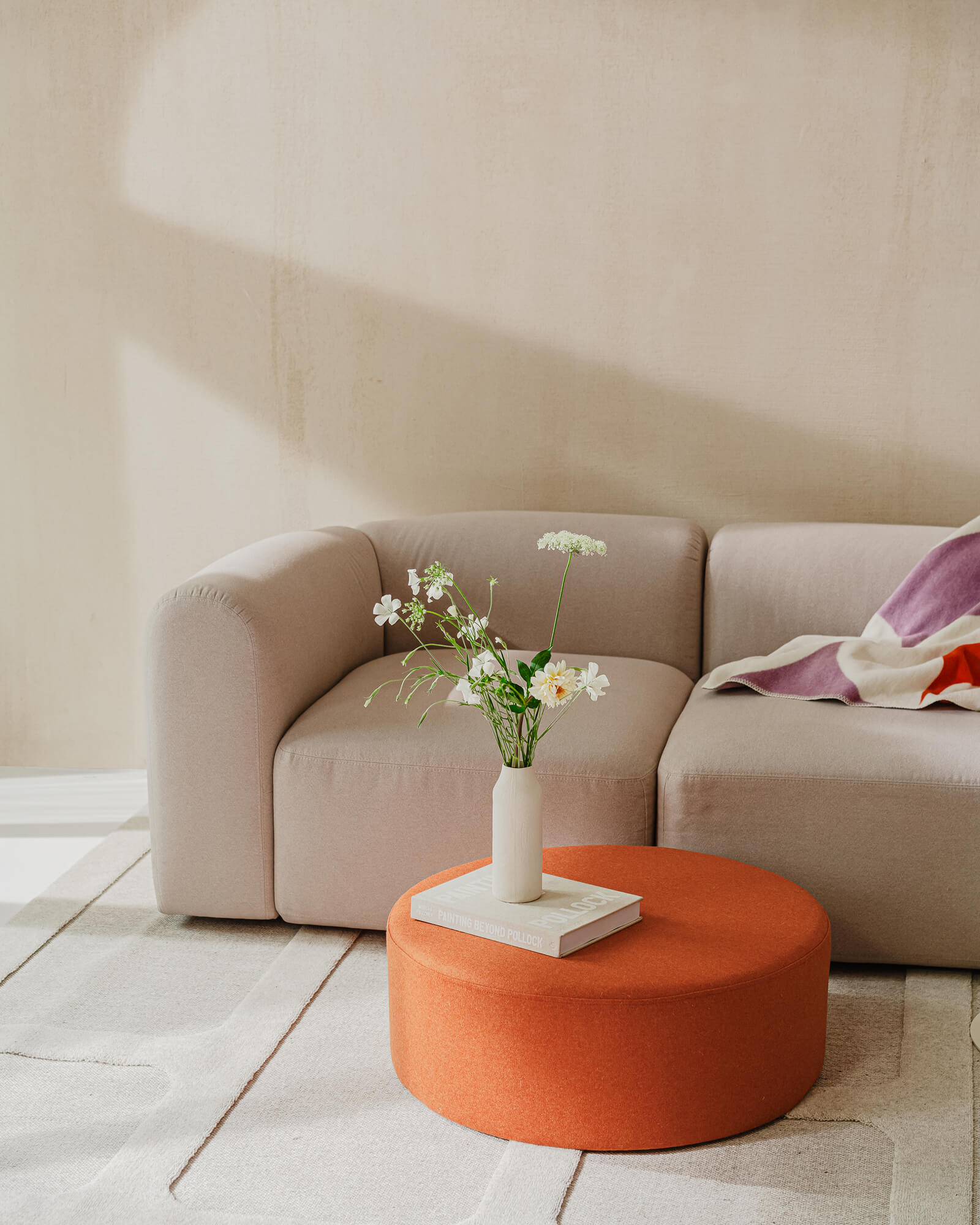 Folk Pouf Wide - orange, round pouf, large wool ottoman - noo.ma